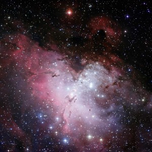 Three-colour composite mosaic image of the Eagle Nebula (Messier 16, or NGC 6611), based on images obtained with the Wide-Field Imager camera on the MPG/ESO 2.2-metre telescope at the La Silla Observatory. At the centre, the so-called “Pillars of Creation” can be seen. This wide-field image shows not only the central pillars, but also several others in the same star-forming region, as well as a huge number of stars in front of, in, or behind the Eagle Nebula. The cluster of bright stars to the upper right is NGC 6611, home to the massive and hot stars that illuminate the pillars. The “Spire” — another large pillar — is in the middle left of the image. This image is a composite of 3 filters in the visible range: B (blue), V (green) and R (red). #L